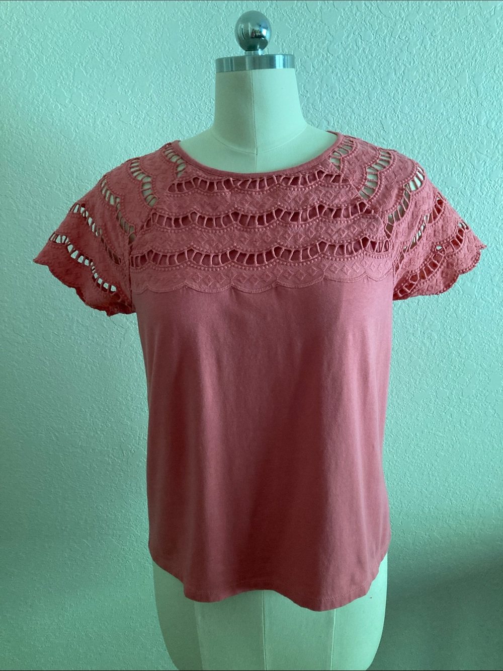 Talbots Crochet Yoke Short Sleeve Top - Rose/Coral